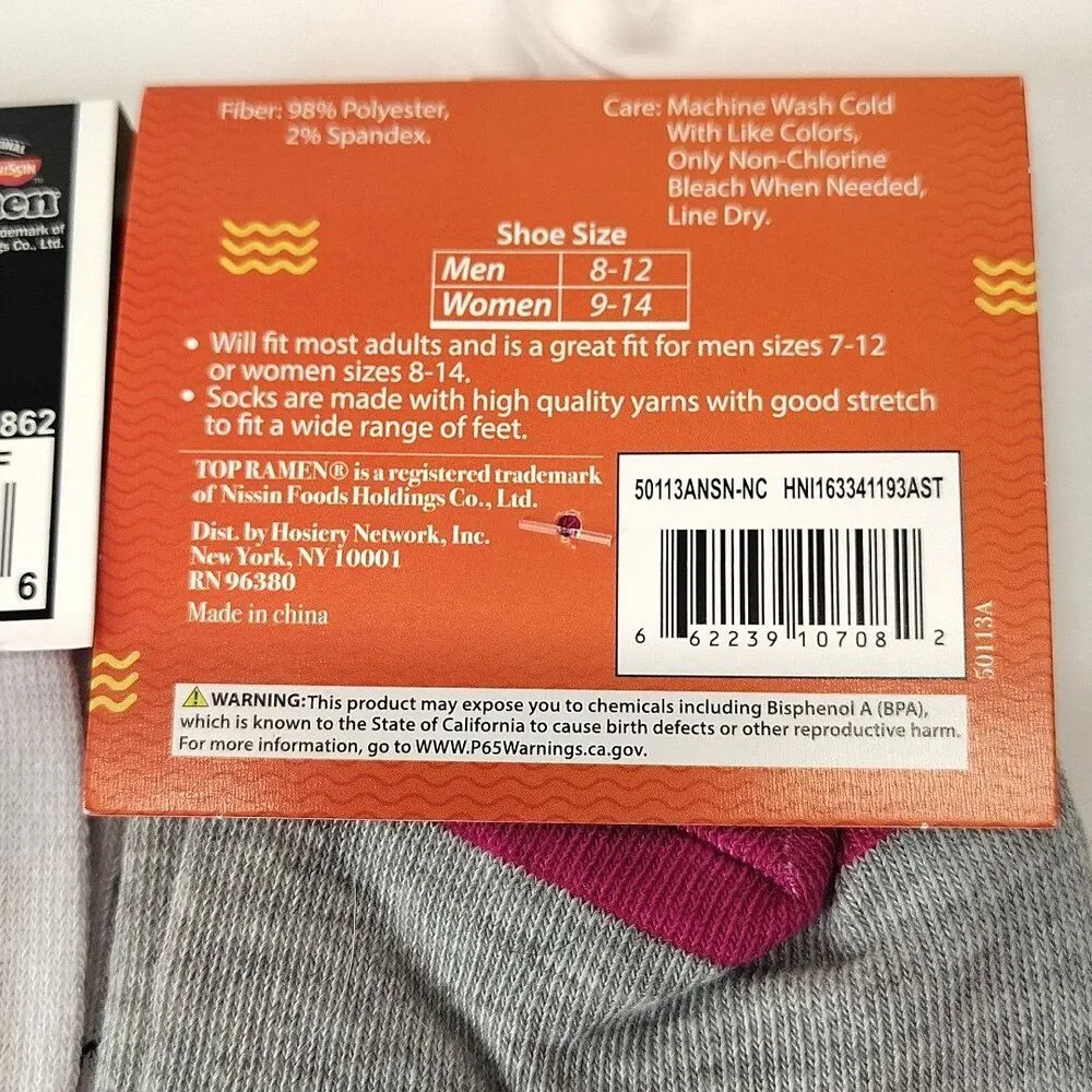Top Ramen Noodles Novelty Socks 3 Pair Crew Adult Men Size 6-12 NWT Kidcore